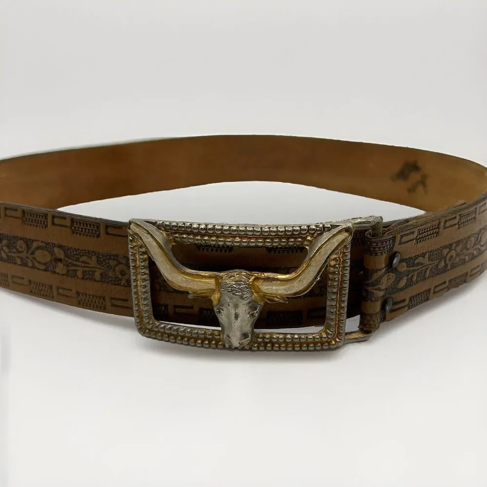 VTG Boys 60s BULL LONGHORN FABIL Tooled Steerhide Leather Western COWBOY Belt 28